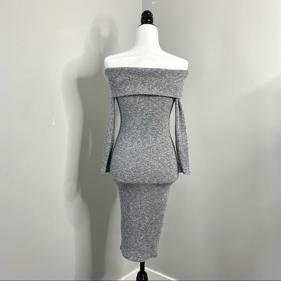 Off-the-Shoulder Soft Grey Ribbed Midi Dress S - Picture 6 of 8